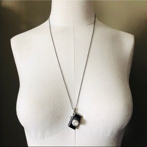 Camera Pendant w/ Rhinestone Long Silver Necklace
